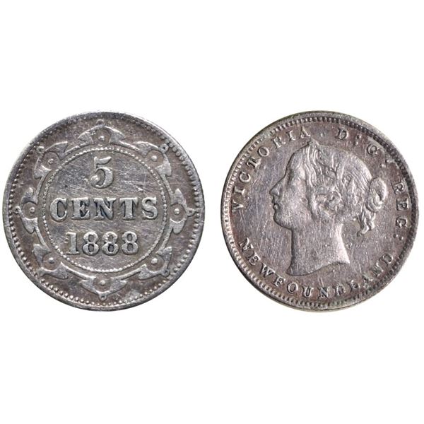 Nfld; 1888 5¢  "Obv.2" ICCS Very Fine-20.  A pleasing example of this very scarce obverse.