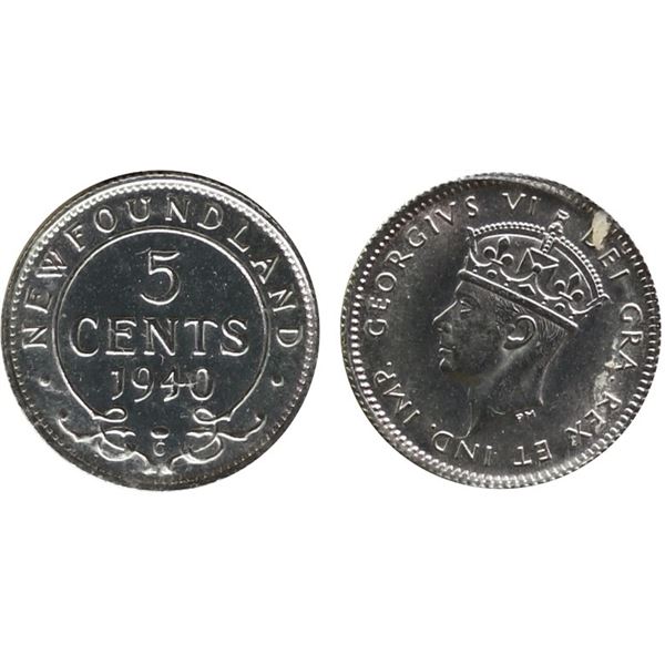 Nfld; 1940-C 5¢ ICCS Choice Mint State-64 Lustrous example