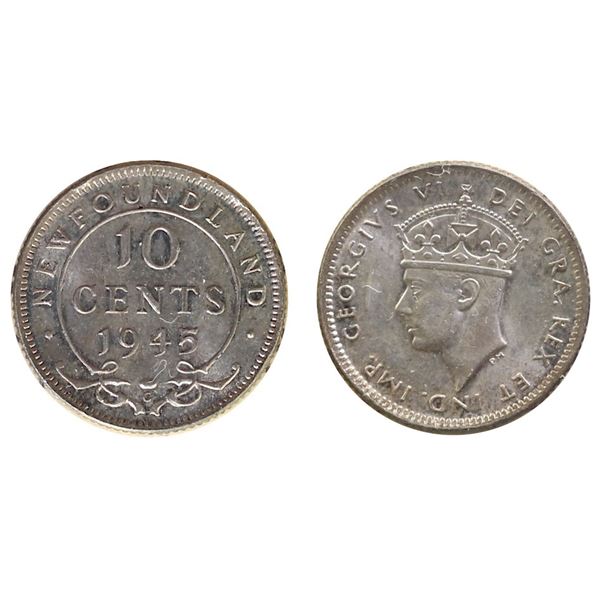 Nfld; 1945 10¢ ICCS Gem Mint State-65 Highly lustrous with hint of gold and russet tones.  Amongst t