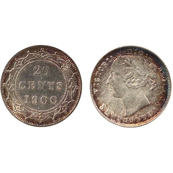 Nfld; 1900 20¢ ICCS Choice Mint State-63  Lustrous example with nice green and russet tones.  Scarce