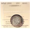 Image 2 : Nfld; 1900 20¢ ICCS Choice Mint State-63  Lustrous example with nice green and russet tones.  Scarce