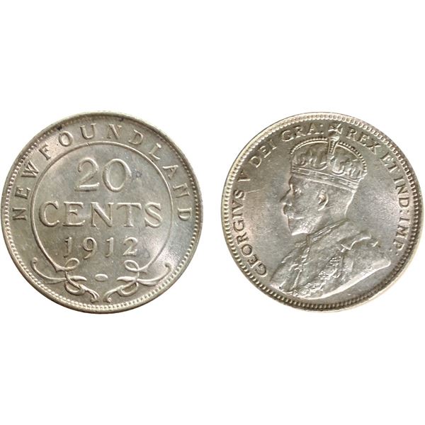 Nfld; 1912 20¢ ICCS Choice Mint State-63 Brilliant and lustrous with hint of gold.