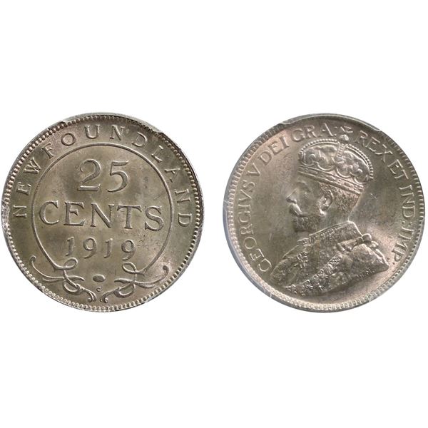 Nfld; 1919-C 25¢ PCGS Choice Mint State-64  Highly lustrous with just a touch of golden tone.  An at