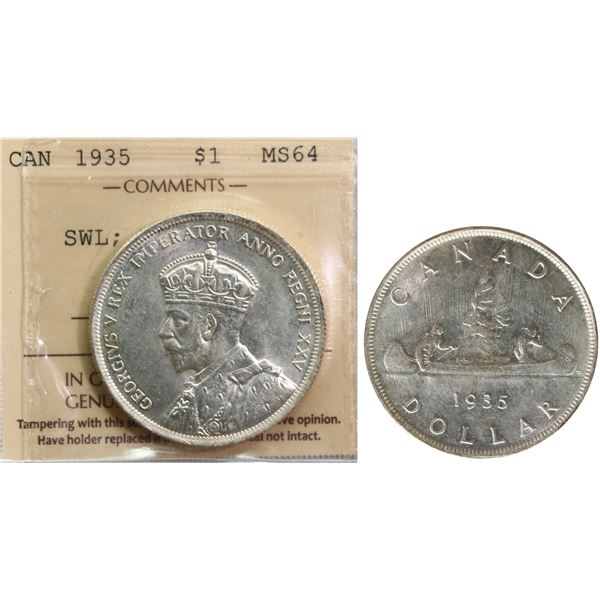 1935 $1 "SWL; Rear SWL" ICCS Choice Mint State-64 Brilliant and lustrous.  Sought-after variety!