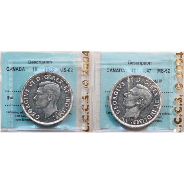 1946 $1, 1947 "Pointed 7, Quadrupled HP".  Both coins CCCS Choice Mint State-62