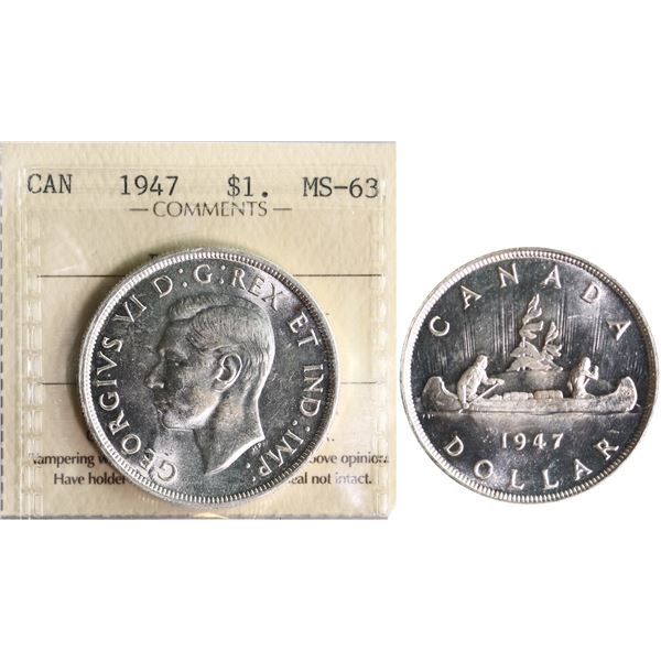 1947 $1 "Blunt 7" ICCS Choice Mint State-63 Fully brilliant and lustrous.