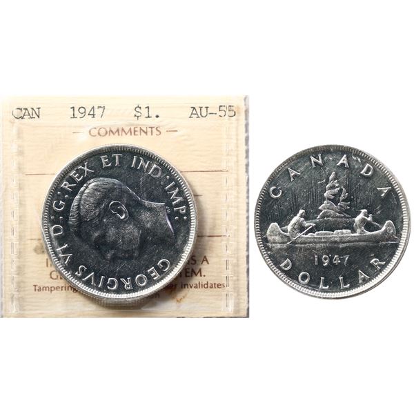 1947 $1 "Pointed 7 -  with Dot" - ICCS Choice About Uncirculated-55 Lustrous example.  Dot variety n