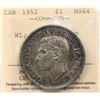 Image 2 : 1952 $1 "WL, 5/5, 2 X HP" ICCS Very Choice Mint State-64. An impressive and bold 2 X HP variety, the