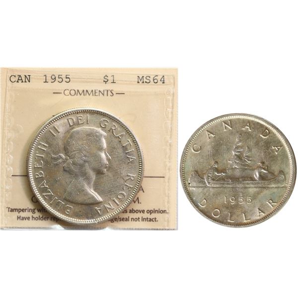 1955 $1 "Fu Manchu" ICCS Choice Mint State-64 Light champagne tone over full underlying lustre.
