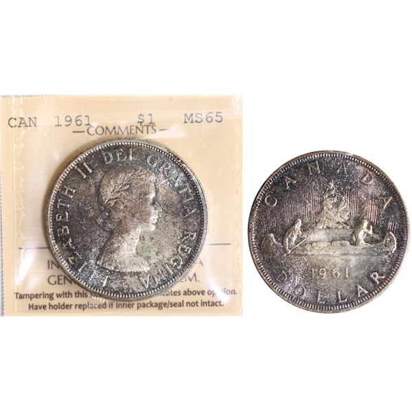 1961 $1  ICCS Gem Mint State-65. Superbly toned.  A superior example.