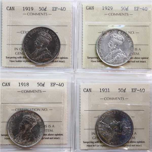 1918 50¢, 1919, 1929, 1931.  Lot of 4 coins all ICCS Extra Fine-40