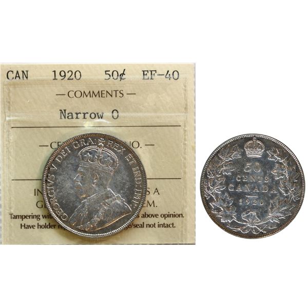 1920 50¢ "Narrow 0" ICCS Extra Fine-40.  Lustrous example with light tone.  Underrated date.