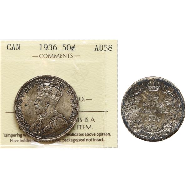 1936 50¢ ICCS Choice About Uncirculated-58.  A lustrous and desirable example.
