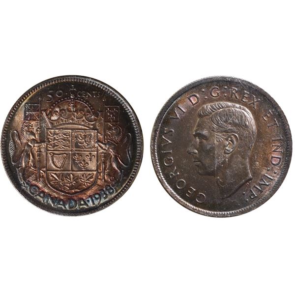1938 50¢ ICCS Choice Mint State-64 Intense toning over full underlying lustre.