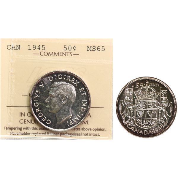 1945 50¢ ICCS Gem Mint State-65 Brilliant and lustrous with hint of russet tone around the rims.  Ve