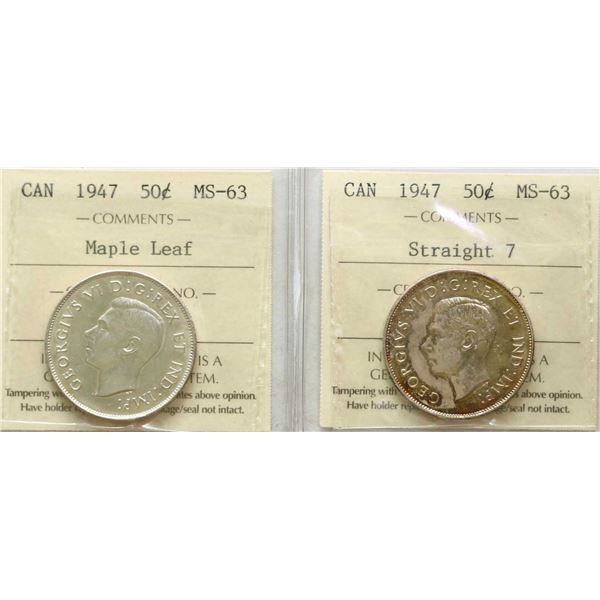 1947 50¢ "Maple Leaf", 1947 "Straight 7" Both coins ICCS Choice Mint State-63.