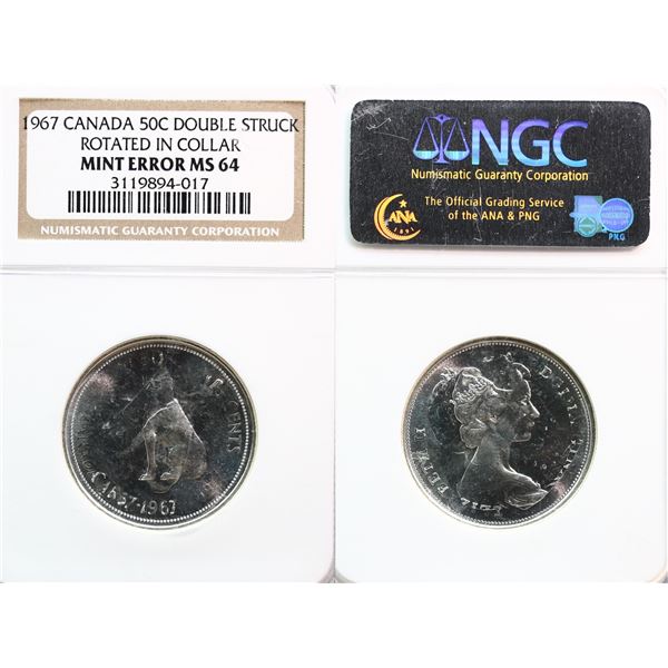 1967 50¢ "Double Struck"  Rotated in Collar NGC Choice Mint State-64