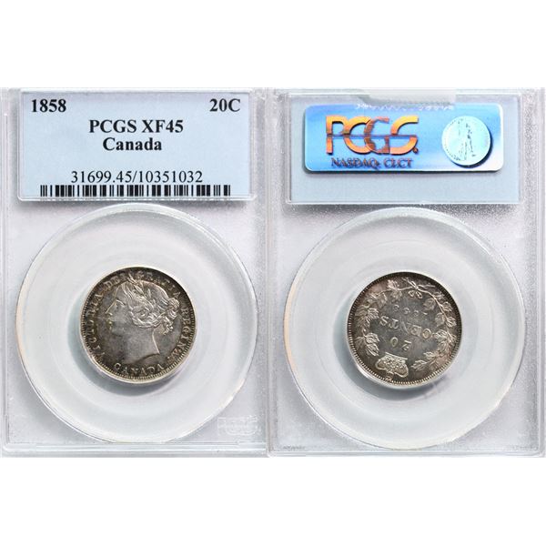 1858 20¢ PCGS/ICCS Choice Extra Fine-45.  Popular "One Year type"