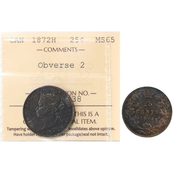 1872H 25¢ "Obv. 2"  ICCS Gem Mint State-65  Sublime example with strong lustre.