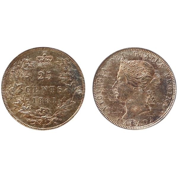 1881H 25¢ ICCS Gem Mint State-65.  Light blue and silver gun metal hues over full underlying lustre.