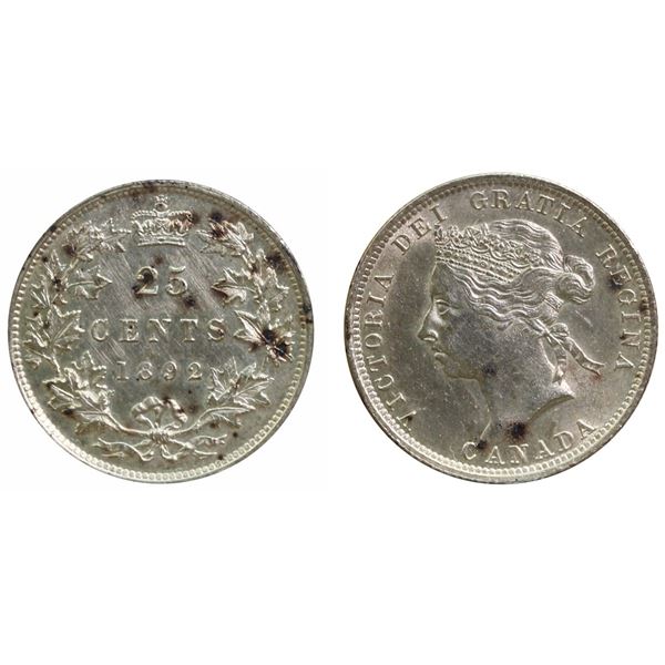 1892 25¢ ICCS Choice Mint State-64. A nice example with eye appeal.