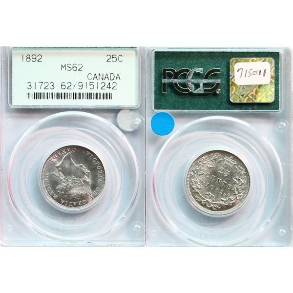 1892 25¢ PCGS Choice Mint State-62 Brilliant and lustrous.  A lovely example.
