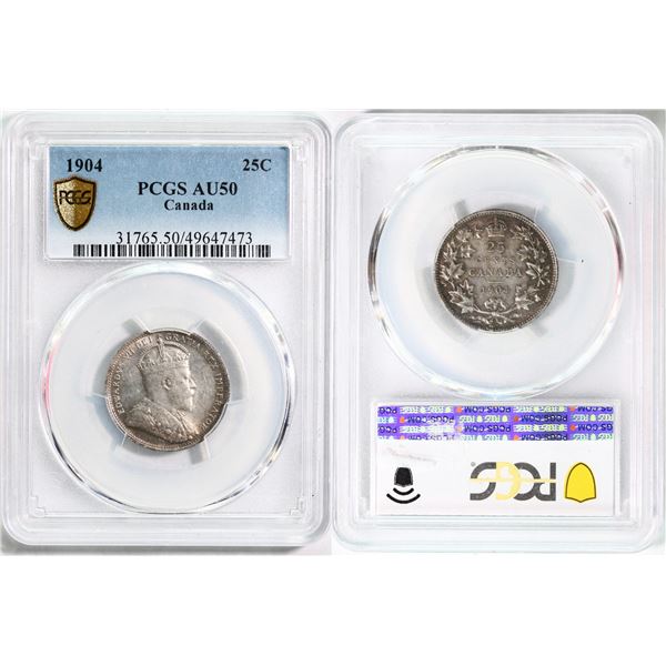 1904 25¢ PCGS About Uncirculated-50 Lustrous with light toning.  Scarce date.