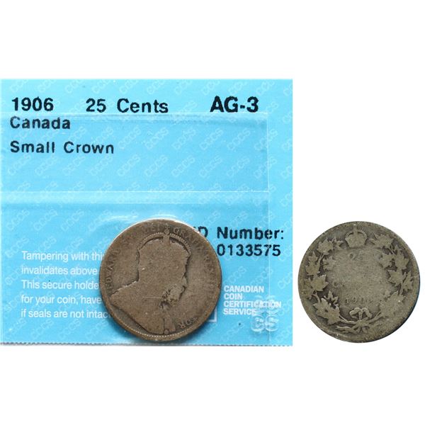 1906 25¢ "Small Crown" CCCS AG-3.  Not often seen and offered. A very sought-after variety.