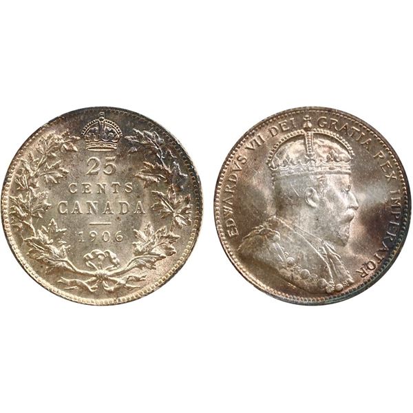1906 25¢ ICCS Gem Mint State-65  Great eye appeal with strong lustre.  A desirable example.