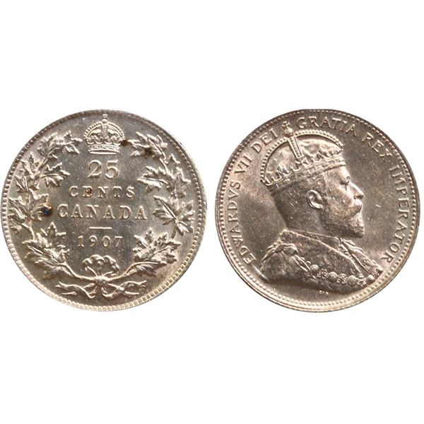 1907 25¢ ICCS Choice Mint State-63.  A nice and lustrous example.