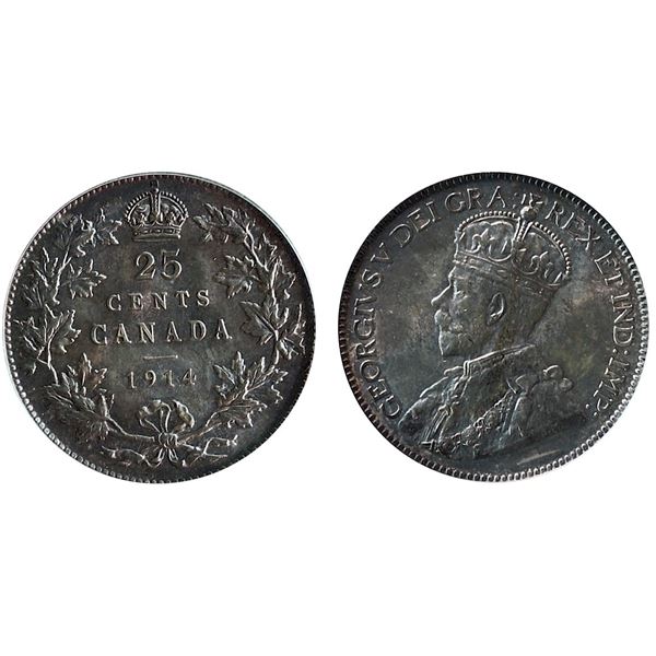 1914 25¢ PCGS Choice Mint State-63 Light toning over full underlying lustre.