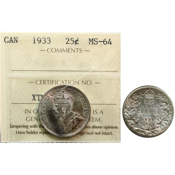 1933 25¢ ICCS Choice Mint State-64.  A nice and lustrous example with light toning.