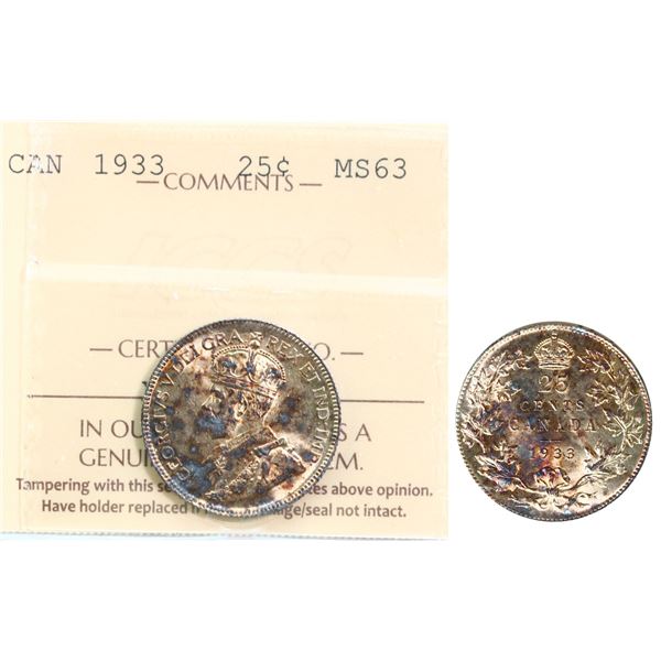 1933 25¢ ICCS Choice Mint State-63.  A nice and lustrous example.