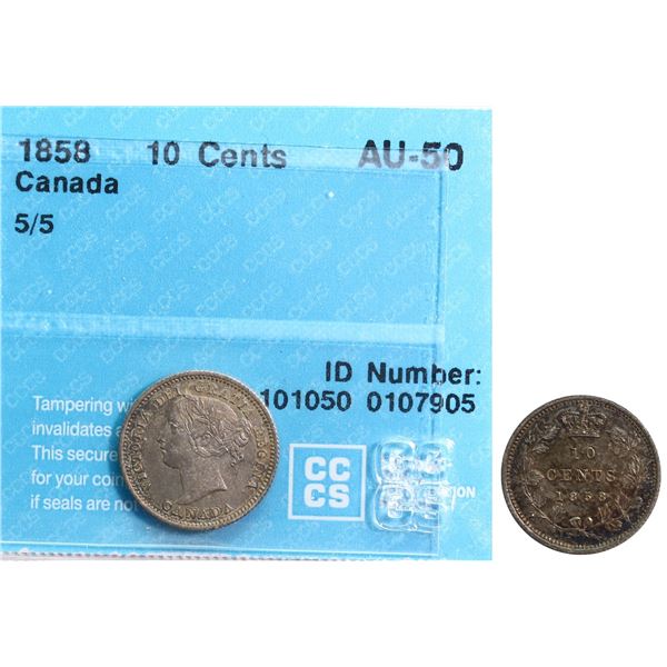 1858 10¢ "5/5" CCCS Choice About Uncirculated-55.  A nice and lustrous example with delicate toning.