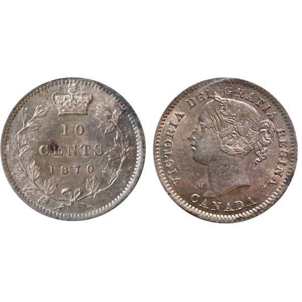 1870 10¢ "Narrow 0" ICCS Choice Mint State-63.  A well struck example displaying fully lustrous fiel