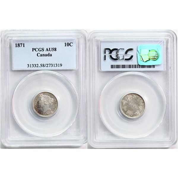 1871 10¢ PCGS Choice About Uncirculated-58  Brilliant and lustrous with a touch of russet tone.