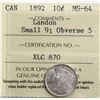 Image 2 : 1892 10¢ "Small 9 - Obv.5" ICCS Choice Mint State-64 Brilliant and lustrous with delicate russet ton