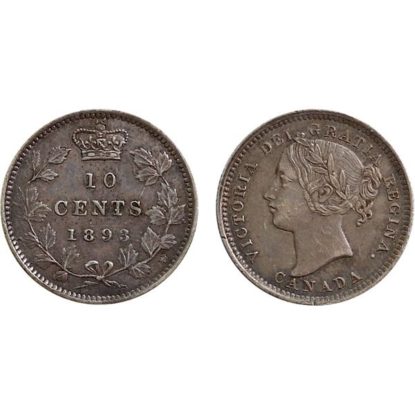 1893 10¢ "Round Top 3; Obv.6"  ICCS About Uncirculated-50. Razor sharp details with light silver gre