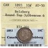 Image 2 : 1893 10¢ "Round Top 3; Obv.6"  ICCS About Uncirculated-50. Razor sharp details with light silver gre