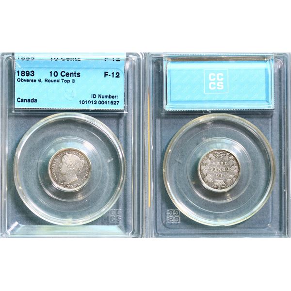 1893 10¢ Obv 6 Round Top CCCS Fine-12.  A decent example for grade displaying lightly struck 3.