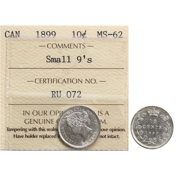 1899 10¢ "Small 9's" ICCS Choice Mint State-62 Brilliant and lustrous.