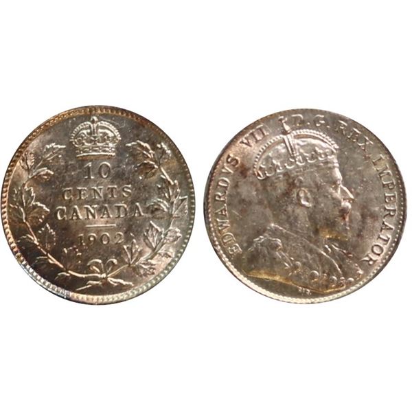 1902 10¢ ICCS Choice Mint State-64.  Fully lustrous example with lightly scattered tints.