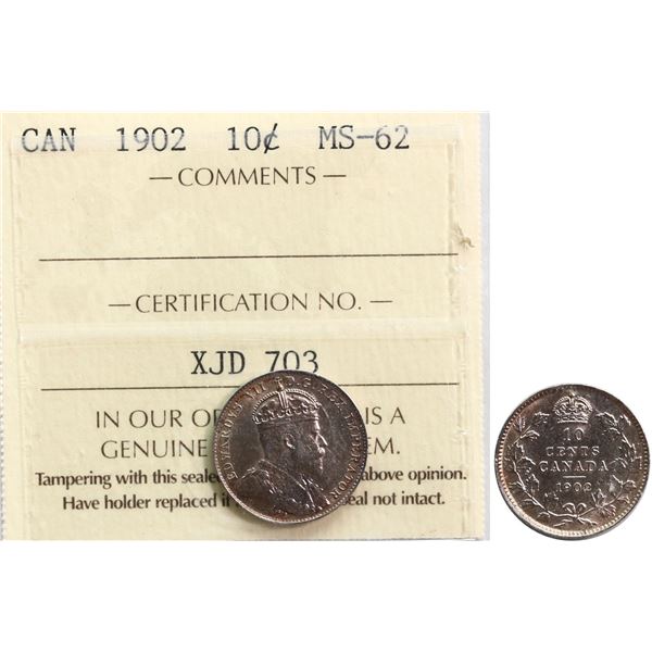 1902 10¢ ICCS Choice Mint State-62 Brilliant and lustrous with delicate russet and golden tones.