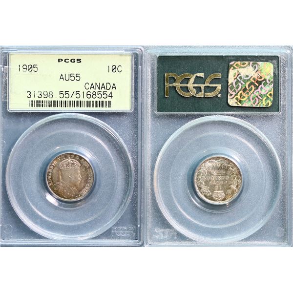 1905 10¢ PCGS Choice About Uncirculated-55.  Housed in old yellow/green holder, this issue displays 