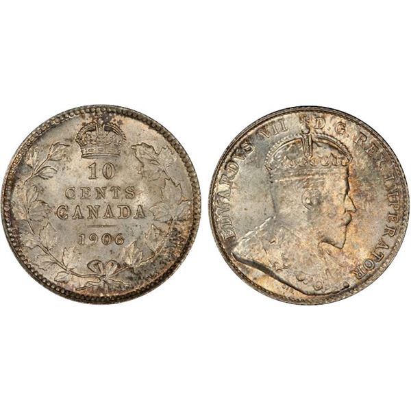 1906 10¢ PCGS Superb Gem Mint State-66+  Highly lustrous with hint of pink, russet and golden tones.