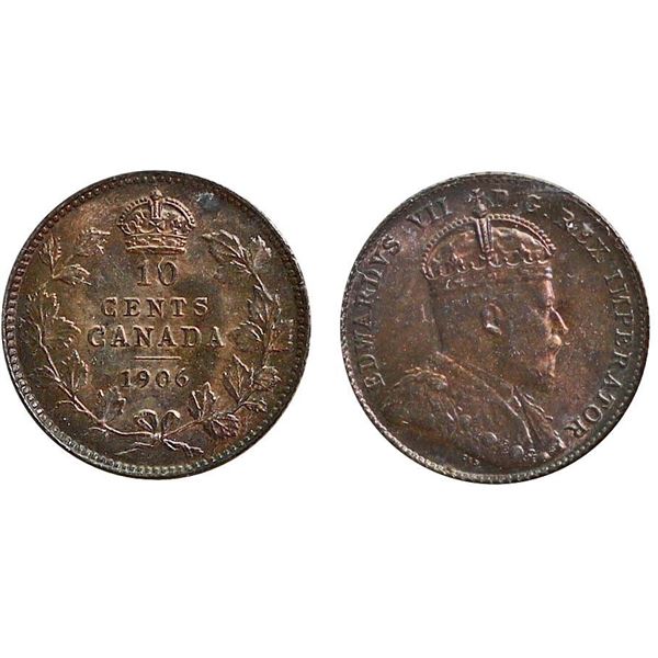 1906 10¢ ICCS Superb Gem Mint State-66.  Great lustre with spectacular colours.  An amazing example.