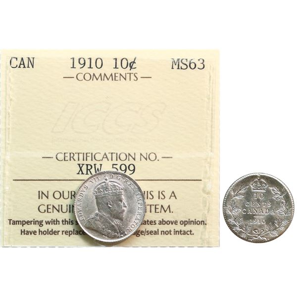 1910 10¢ ICCS Choice Mint State-63.  A nice example