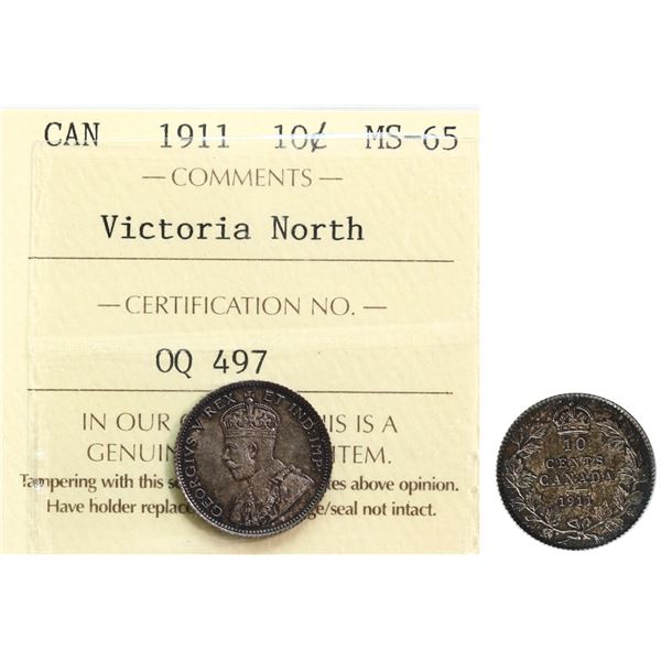 1911 10¢ ICCS Gem Mint State-65 great lustre with pink, russet and green tints.  A lovely example.  