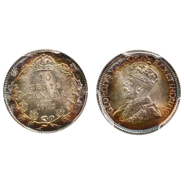 1912 10¢ PCGS Superb Gem Mint State-67  Light blue, green and golden tones over full underlying lust