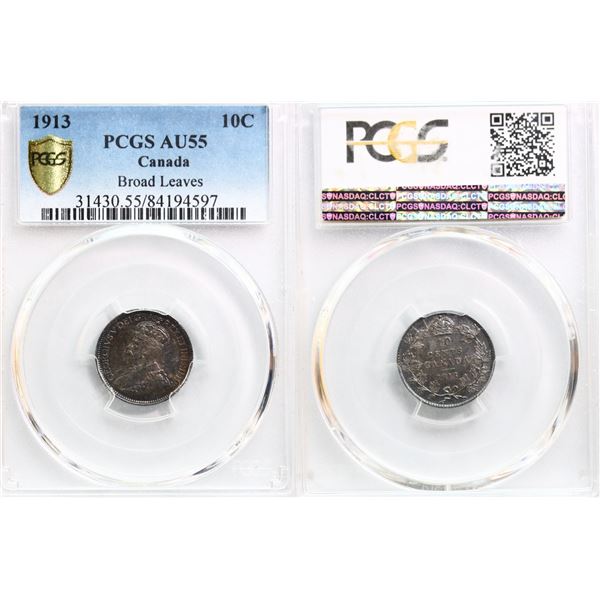 1913 10¢ "Broad Leaves" PCGS Choice About Uncirculated-55.  Scarce variety with Light toning.
